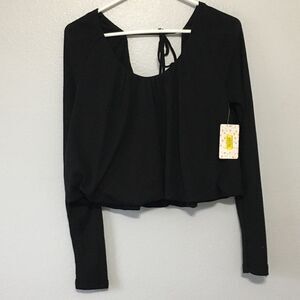 Free People • Black Long Sleeve Crop Top Tie String Back Size Small